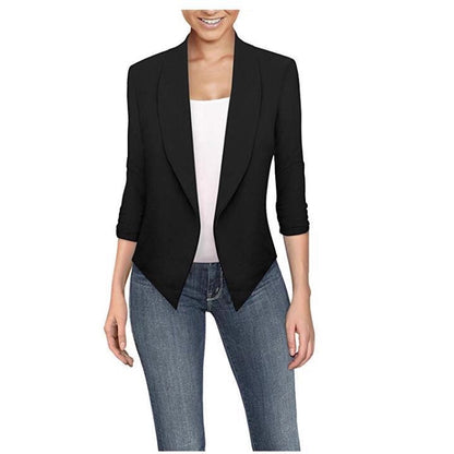 Solid Draped Lapel Blazer with 3/4 Sleeves and Asymmetrical Hem