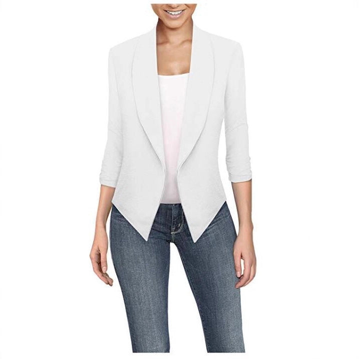 Solid Draped Lapel Blazer with 3/4 Sleeves and Asymmetrical Hem