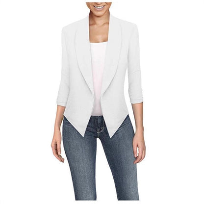 Solid Draped Lapel Blazer with 3/4 Sleeves and Asymmetrical Hem