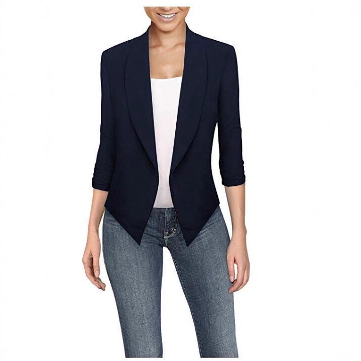 Solid Draped Lapel Blazer with 3/4 Sleeves and Asymmetrical Hem