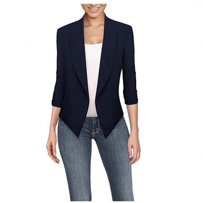 Solid Draped Lapel Blazer with 3/4 Sleeves and Asymmetrical Hem