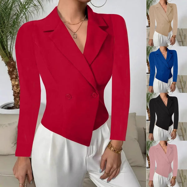 Cropped Double-Breasted Blazer with Asymmetrical Hem