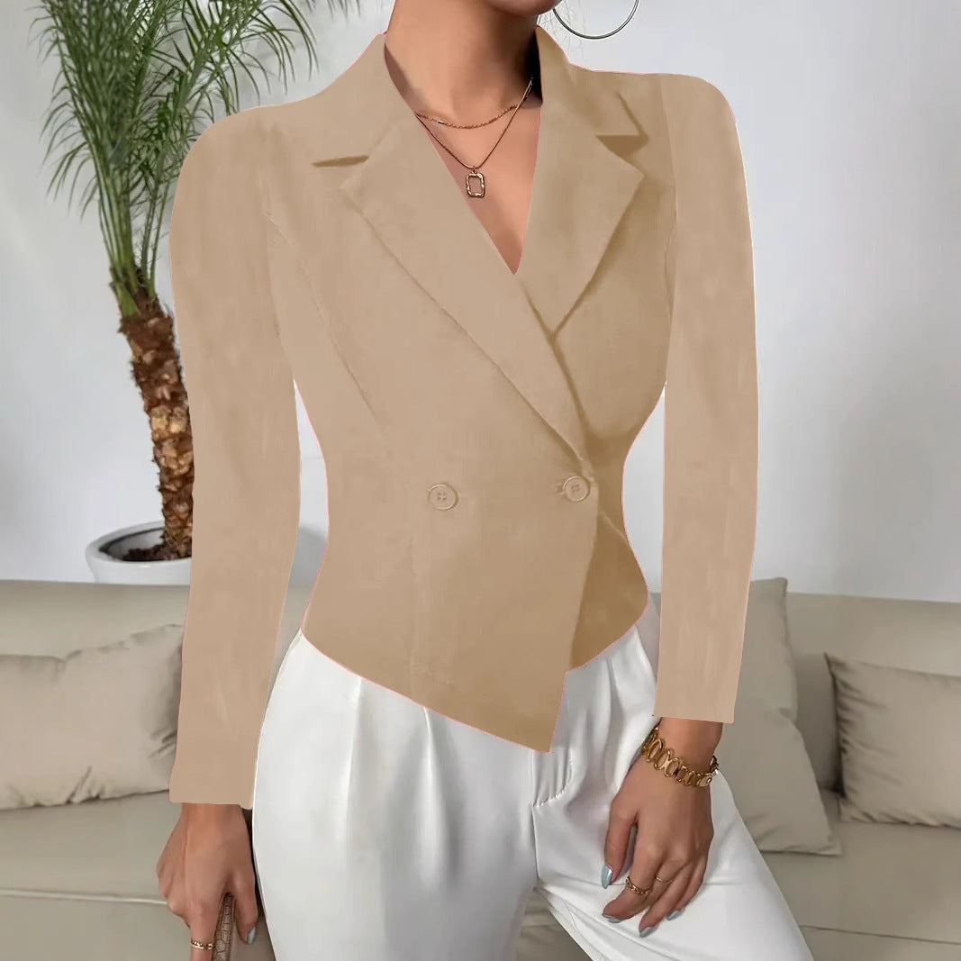 Cropped Double-Breasted Blazer with Asymmetrical Hem