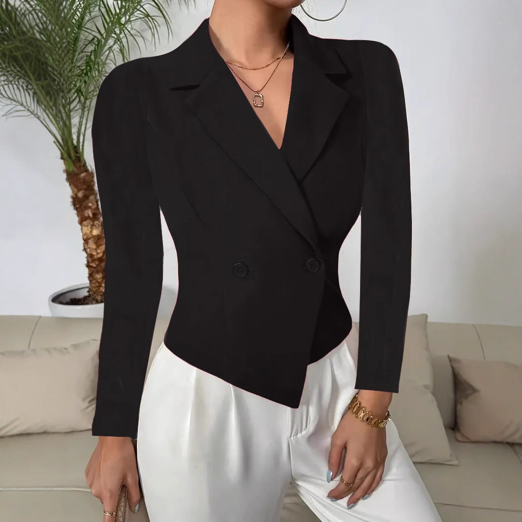 Cropped Double-Breasted Blazer with Asymmetrical Hem