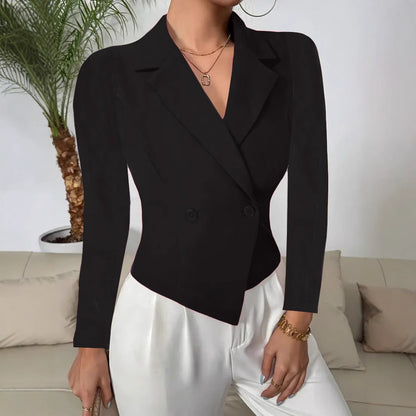 Cropped Double-Breasted Blazer with Asymmetrical Hem