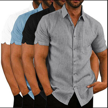 Solid Linen-Look Short-Sleeve Shirt with Button Front and Lapel Collar