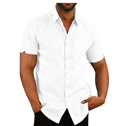 Solid Linen-Look Short-Sleeve Shirt with Button Front and Lapel Collar