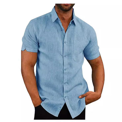 Solid Linen-Look Short-Sleeve Shirt with Button Front and Lapel Collar