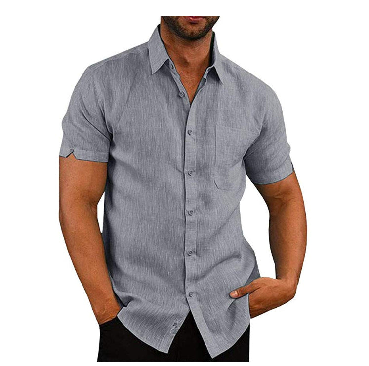 Solid Linen-Look Short-Sleeve Shirt with Button Front and Lapel Collar