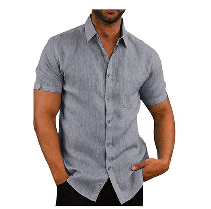 Solid Linen-Look Short-Sleeve Shirt with Button Front and Lapel Collar