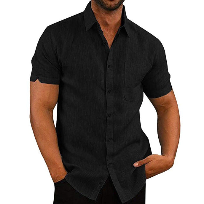 Solid Linen-Look Short-Sleeve Shirt with Button Front and Lapel Collar