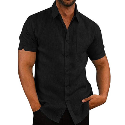 Solid Linen-Look Short-Sleeve Shirt with Button Front and Lapel Collar
