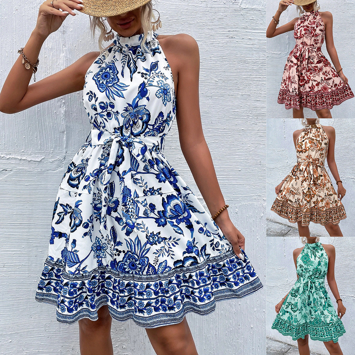 A-Line Floral Print Halter Dress with Tie Waist