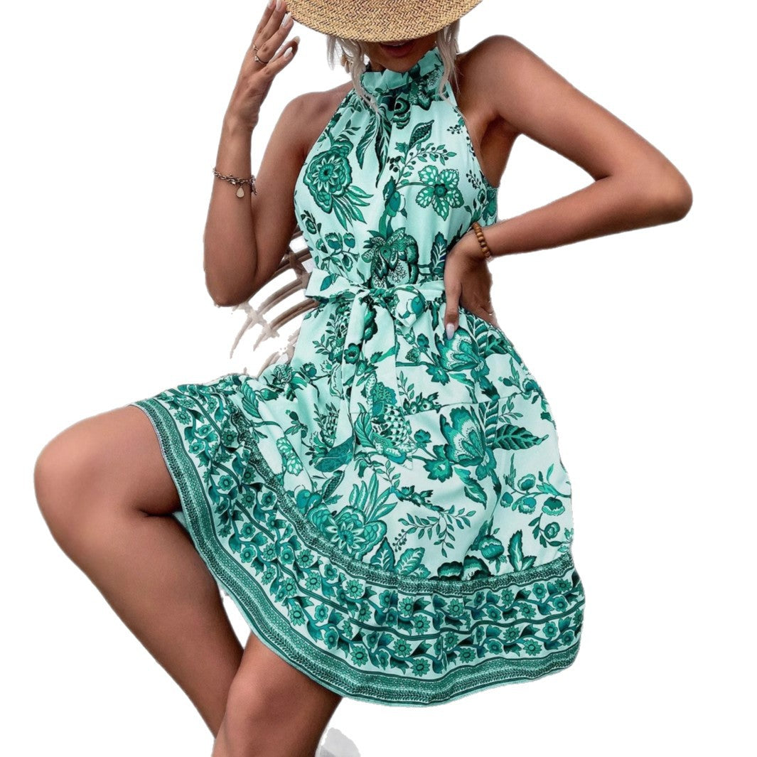 A-Line Floral Print Halter Dress with Tie Waist