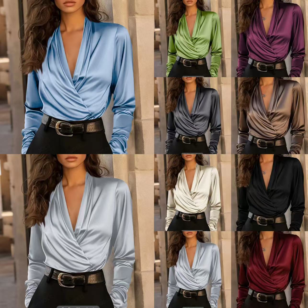 Satin Wrap Blouse with Draped V-Neck and Long Sleeves