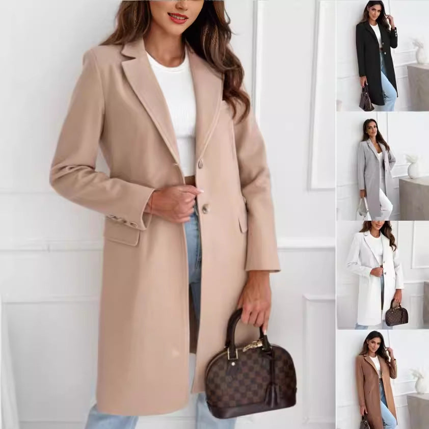 Single-Breasted Long Coat with Lapel Collar and Flap Pockets