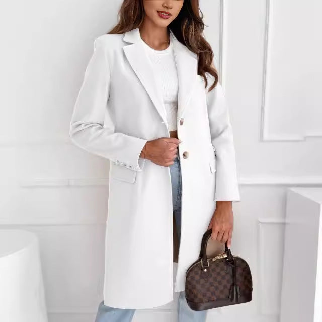 Single-Breasted Long Coat with Lapel Collar and Flap Pockets