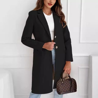 Single-Breasted Long Coat with Lapel Collar and Flap Pockets