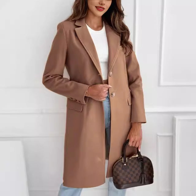 Single-Breasted Long Coat with Lapel Collar and Flap Pockets
