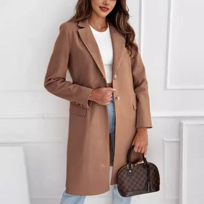 Single-Breasted Long Coat with Lapel Collar and Flap Pockets