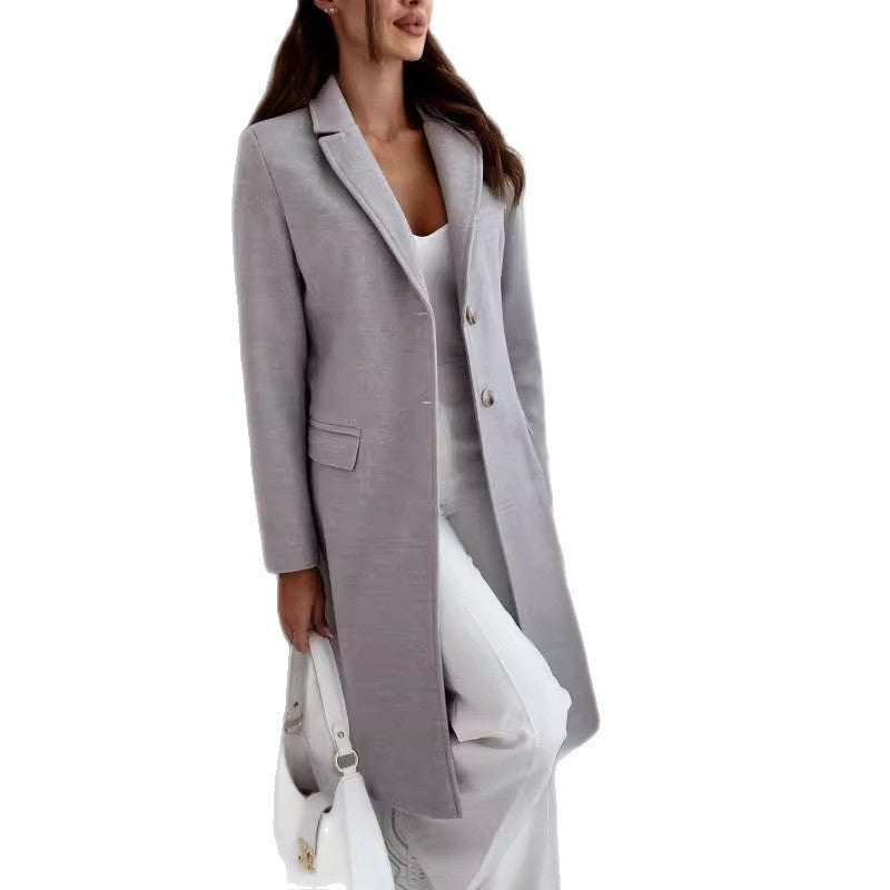 Single-Breasted Long Coat with Lapel Collar and Flap Pockets