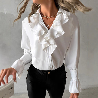 Solid Blouse with Ruffled V-Neck and Flared Cuffs