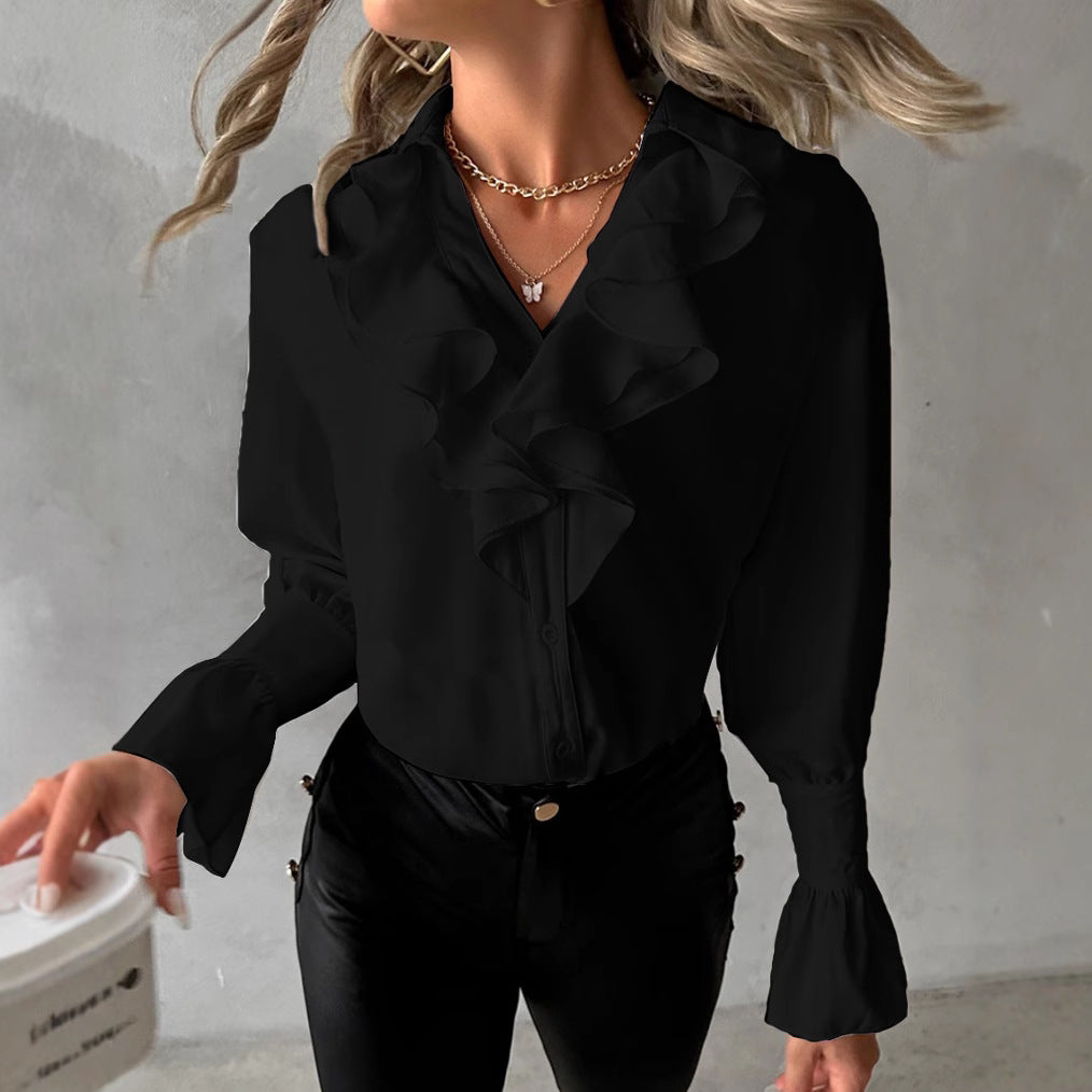 Solid Blouse with Ruffled V-Neck and Flared Cuffs