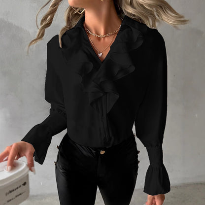 Solid Blouse with Ruffled V-Neck and Flared Cuffs