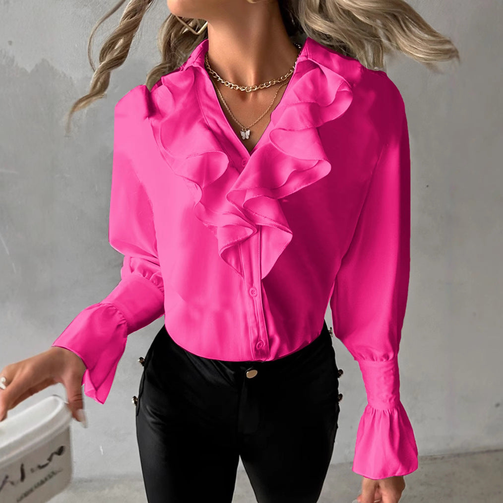 Solid Blouse with Ruffled V-Neck and Flared Cuffs