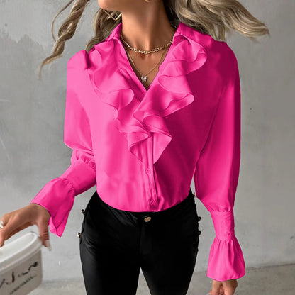 Solid Blouse with Ruffled V-Neck and Flared Cuffs