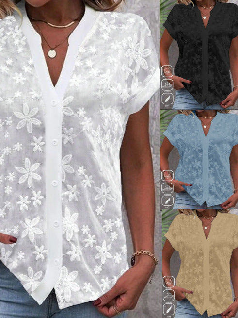 Floral Lace Blouse with V-Neck and Short Sleeves