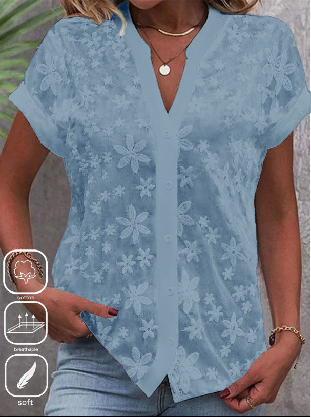 Floral Lace Blouse with V-Neck and Short Sleeves