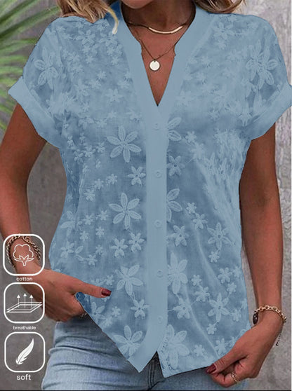 Floral Lace Blouse with V-Neck and Short Sleeves