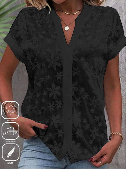 Floral Lace Blouse with V-Neck and Short Sleeves