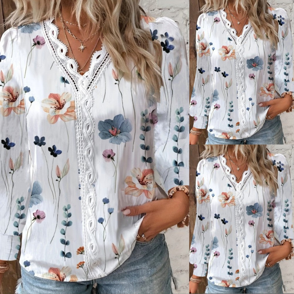 Floral Print Blouse with Lace V-Neck and Long Sleeves