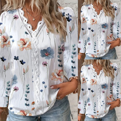 Floral Print Blouse with Lace V-Neck and Long Sleeves