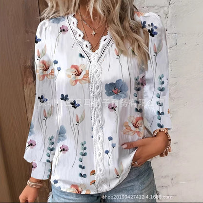 Floral Print Blouse with Lace V-Neck and Long Sleeves