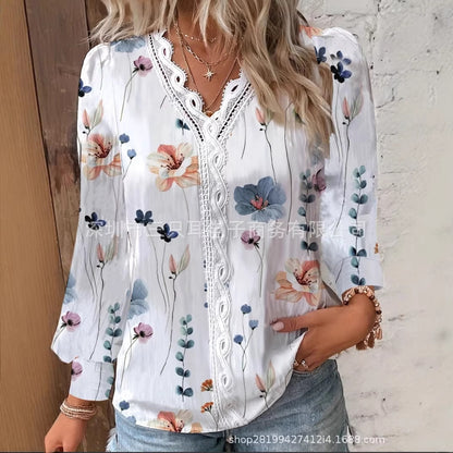 Floral Print Blouse with Lace V-Neck and Long Sleeves