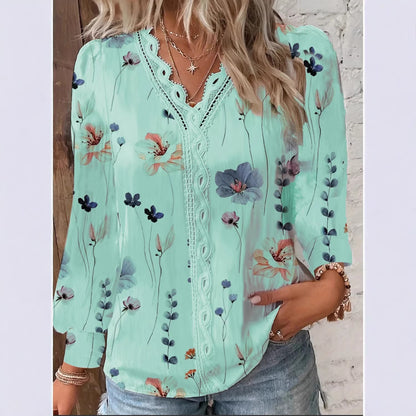 Floral Print Blouse with Lace V-Neck and Long Sleeves