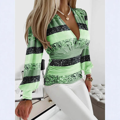 Striped V-Neck Blouse with Ruched Puff Sleeves
