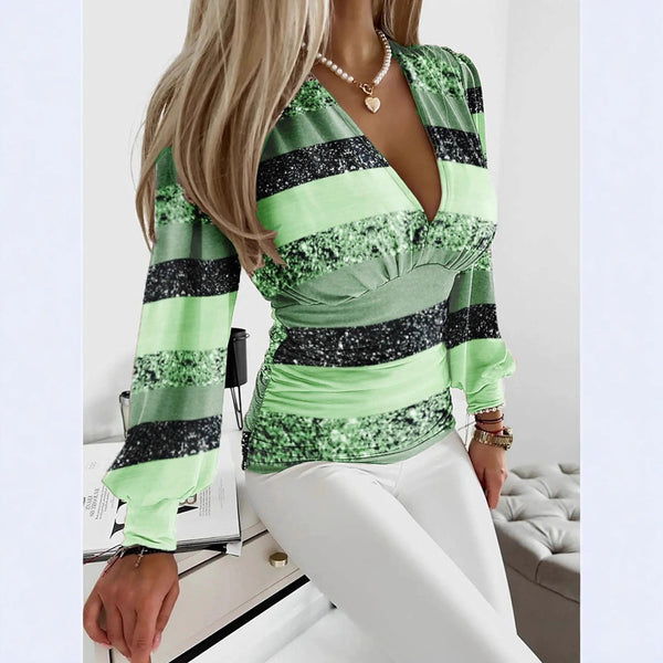 Striped V-Neck Blouse with Ruched Puff Sleeves