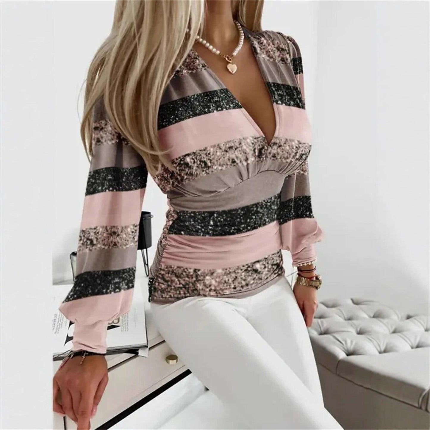 Striped V-Neck Blouse with Ruched Puff Sleeves