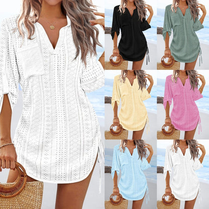 Eyelet Tunic Dress with V-Neck and Drawstring Sides