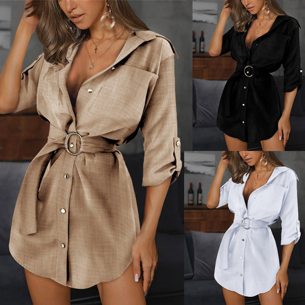 Solid V-Neck Shirt Dress with Roll-Tab 3/4 Sleeves and Belt