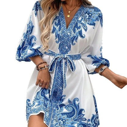 Paisley Print Short Dress with V-Neck and Belted Waist