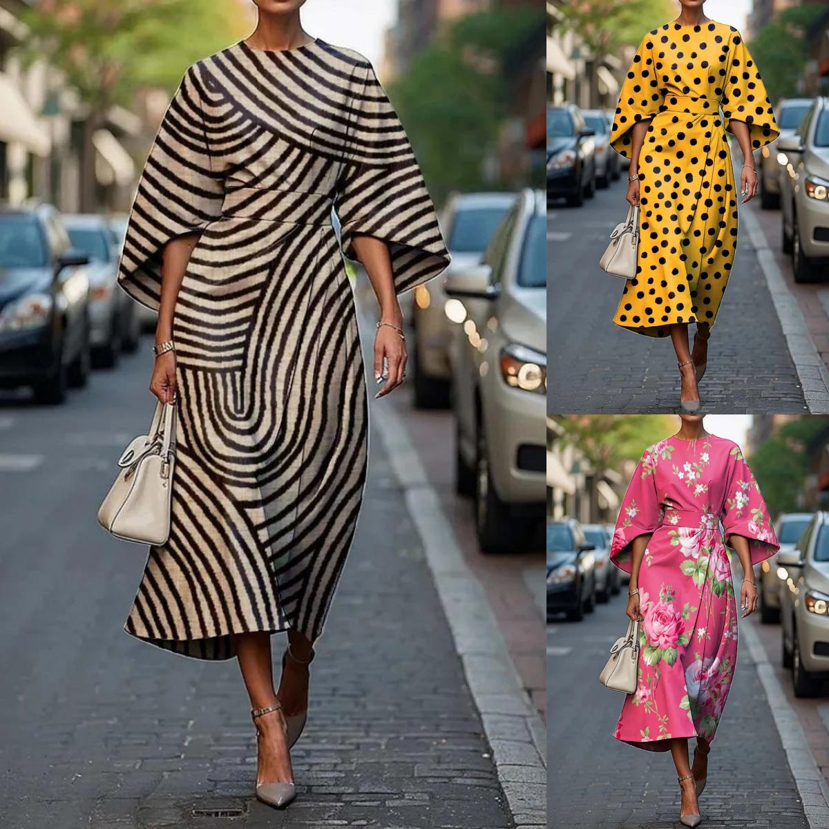 Printed Midi Dress with Three-Quarter Bat Sleeves