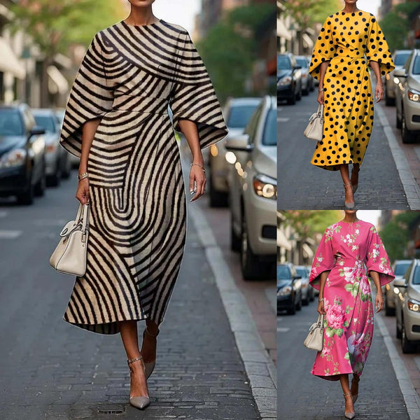 Printed Midi Dress with Three-Quarter Bat Sleeves