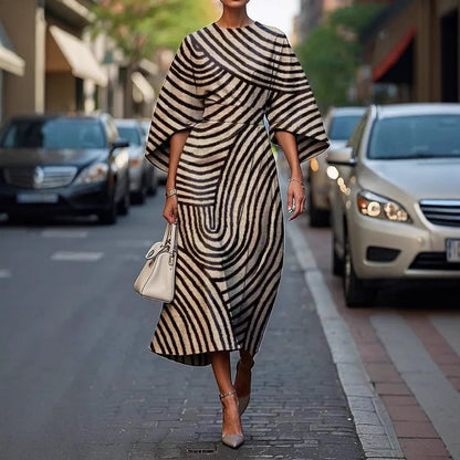 Printed Midi Dress with Three-Quarter Bat Sleeves