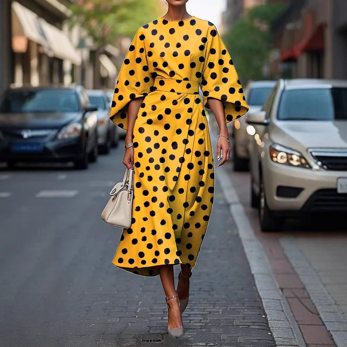 Printed Midi Dress with Three-Quarter Bat Sleeves