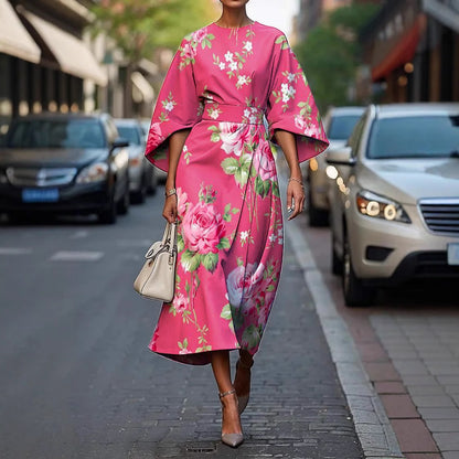 Printed Midi Dress with Three-Quarter Bat Sleeves